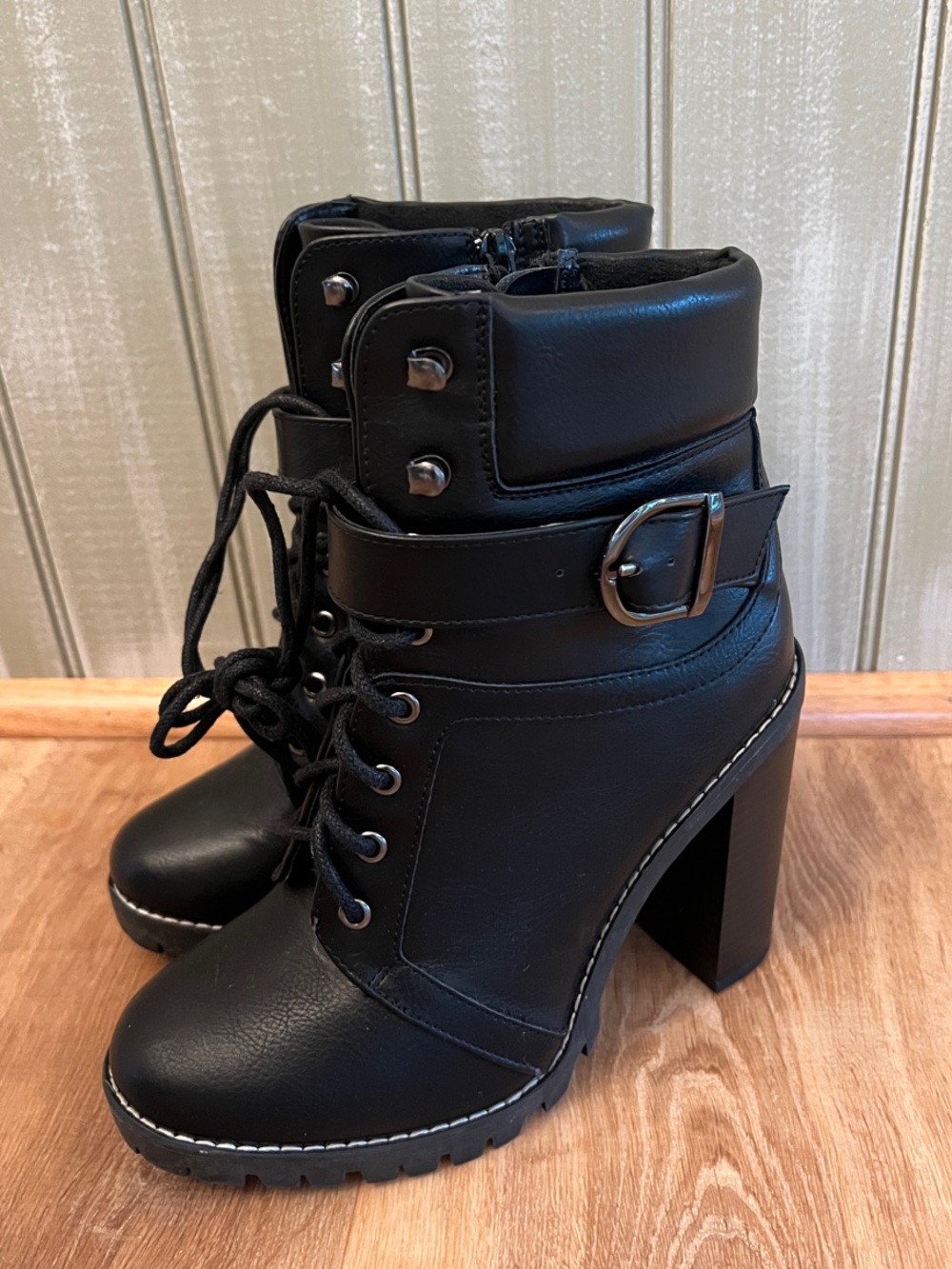 NWT Black Lace-Up Platform Ankle Boots with Buckle